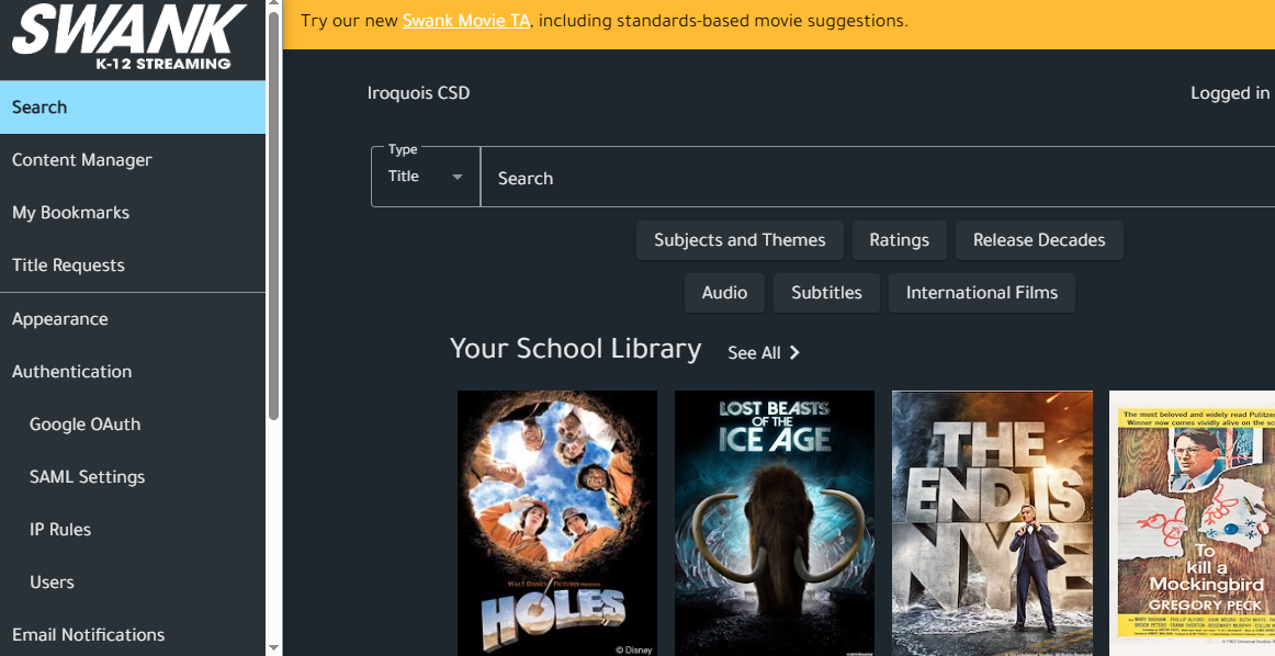 Screenshot of Swank Digital Streaming website