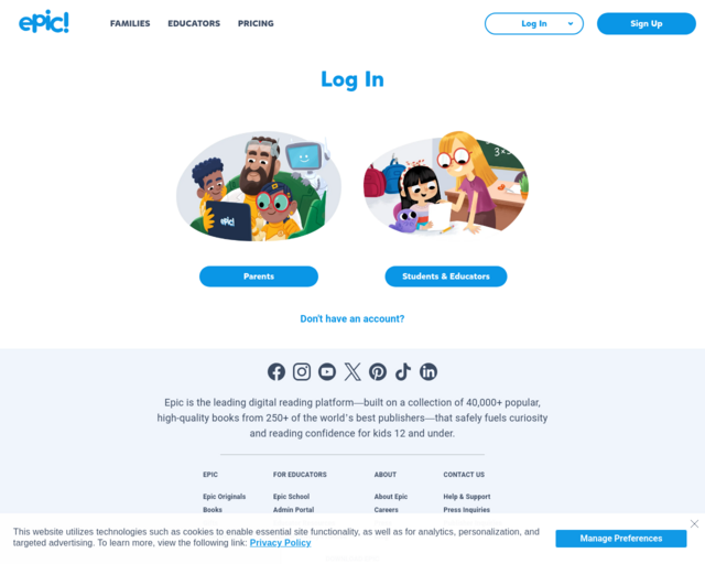 Screenshot of the Epic website