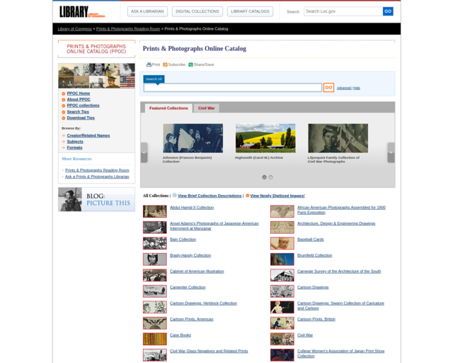 Screenshot of the Prints & Photographs Online Catalog (Lib. of Congress) website