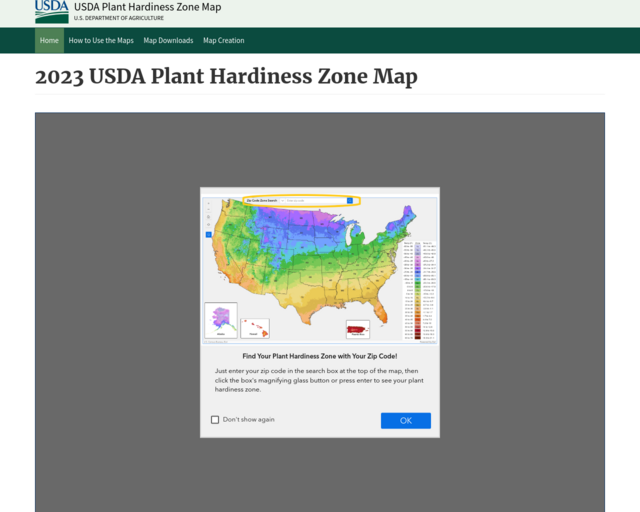 Screenshot of the USDA Plant Hardiness Zone Map website