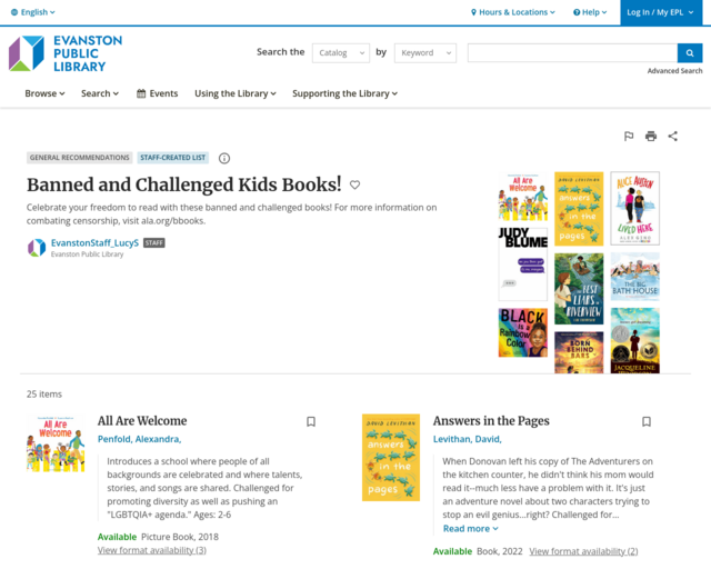 Screenshot of the Banned and Challenged Books website