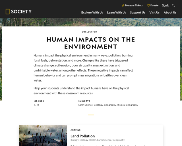 Screenshot of the National Geographic: Human Impacts on the Environment website