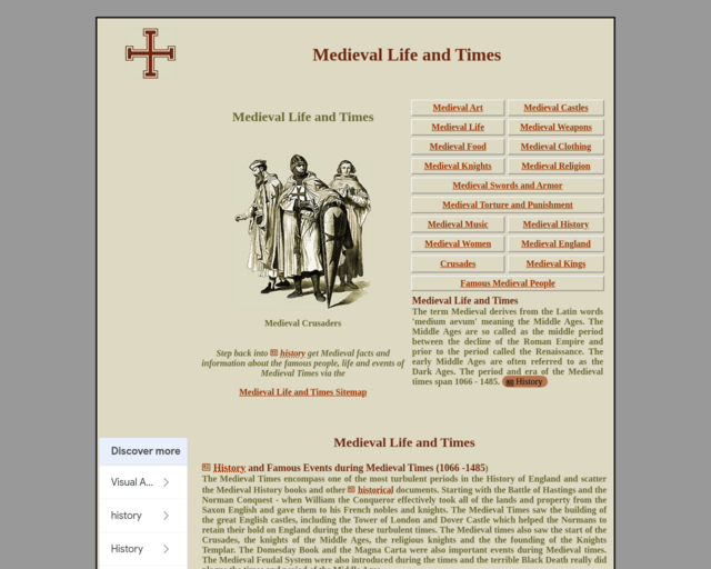 Screenshot of the Medieval Life and Times website