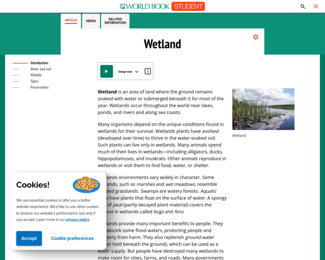 Screenshot of the Wetland @ World Book website