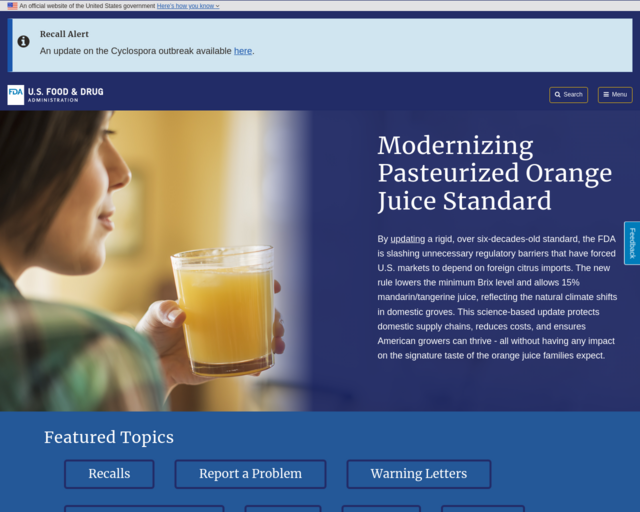 Screenshot of the Food and Drug Administration website
