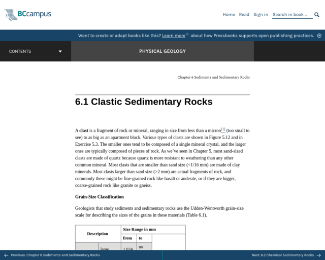 Screenshot of the Clastic Sedimentary Rocks 3 website