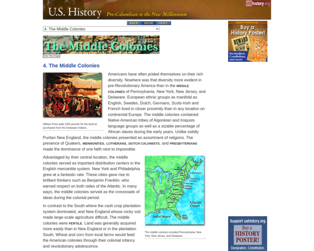 Screenshot of the US History: The Middle Colonies website