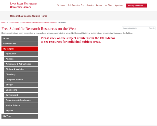 Screenshot of the Iowa State University - free scientific research resources website