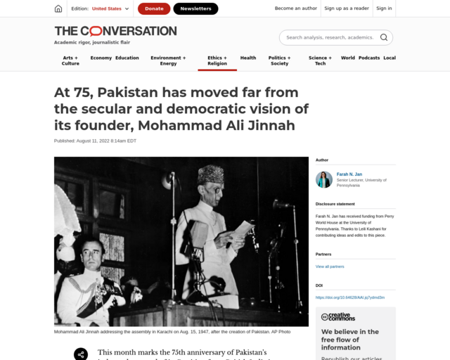 Screenshot of the At 75, Pakistan has moved far from the secular and democratic vision of its founder, Mohammad Ali Jinnah website