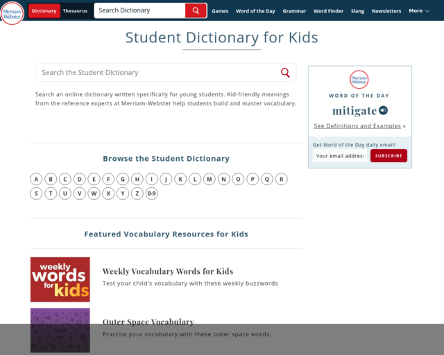Screenshot of the Merriam-Webster Dictionary website