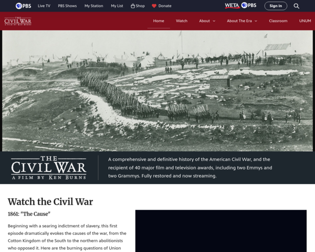 Screenshot of the The PBS Civil War Site website