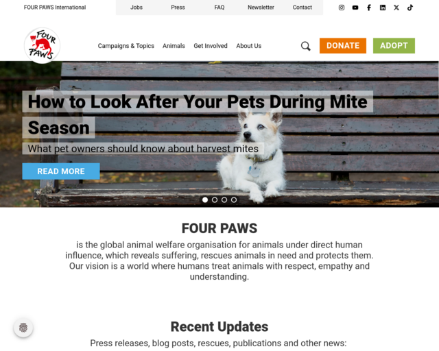 Screenshot of the Four Paws International website