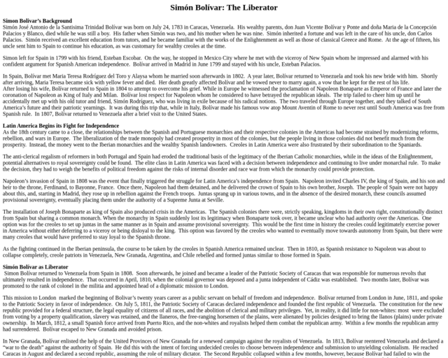 Screenshot of the Simón Bolívar: The Liberator website