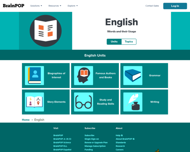 Screenshot of the Brain Pop: English website