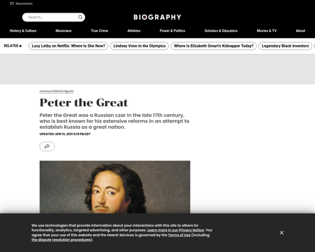 Screenshot of the Peter the Great - Accomplishments, Reforms & Death website