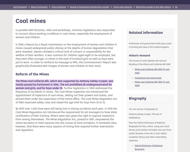 Screenshot of the Coal mines website