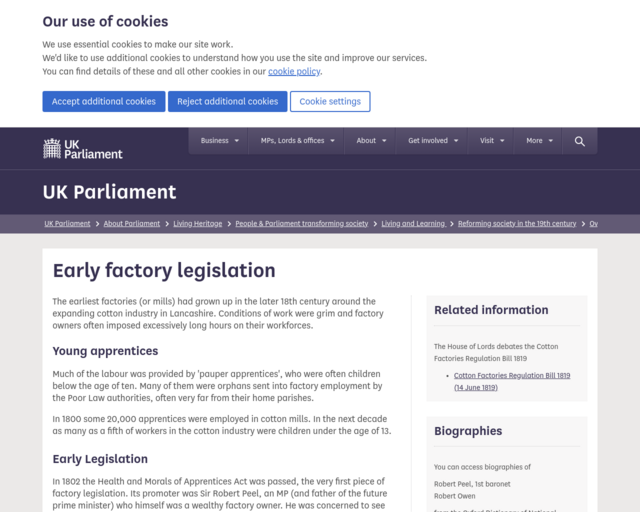 Screenshot of the Early factory legislation website