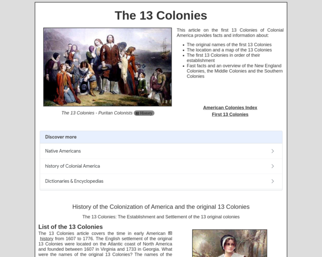 Screenshot of the List of 13 Colonies website