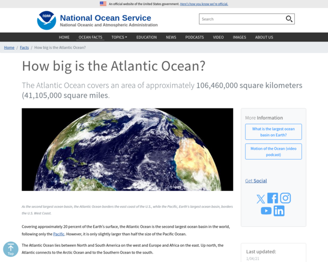 Screenshot of the Atlantic Ocean: Size website