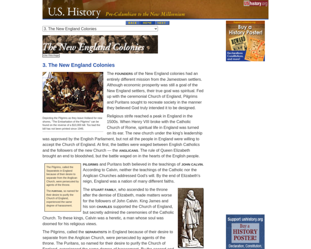 Screenshot of the US History: The New England Colonies website