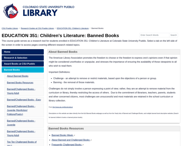 Screenshot of the Colorado State University: About Banned Books website