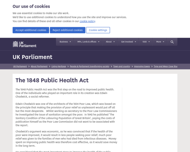 Screenshot of the The 1848 Public Health Act website