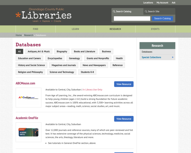 Screenshot of the OCPL Databases website