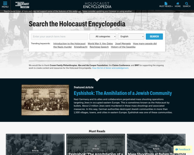 Screenshot of the United States Holocaust Memorial Museum website