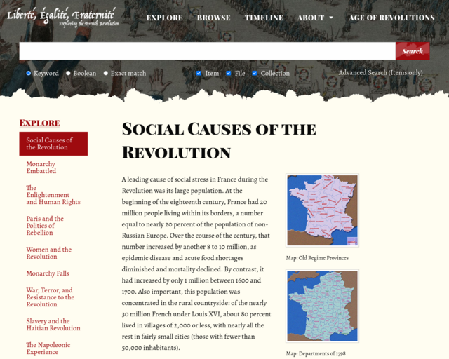 Screenshot of the Social Causes of the Revolution website
