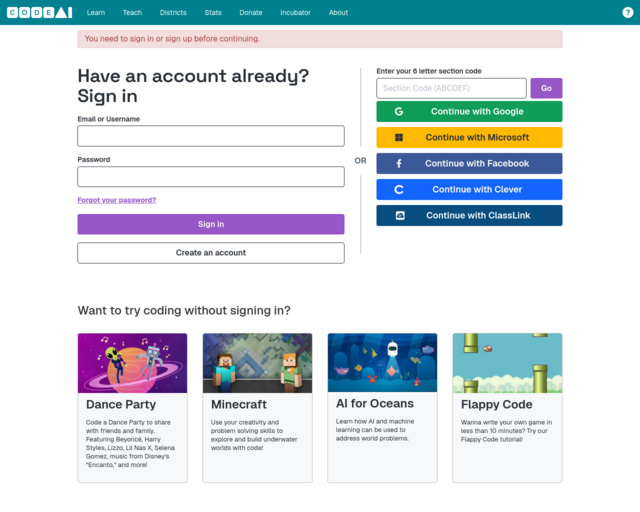 Screenshot of the Code.org website