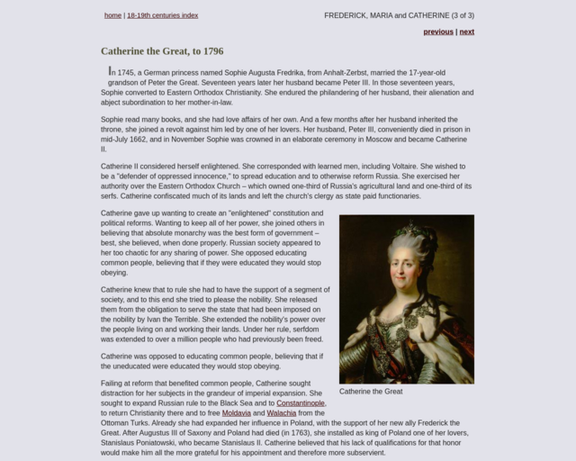 Screenshot of the Catherine the Great, Russian Empress website