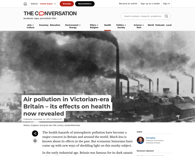 Screenshot of the Air pollution in Victorian-era Britain – its effects on health now revealed website