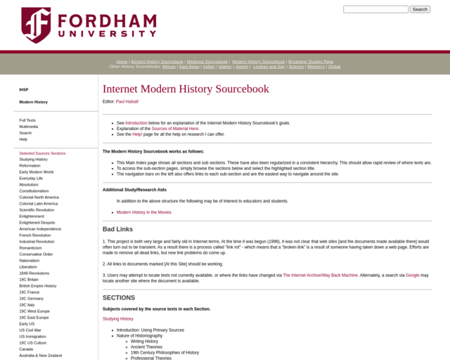 Screenshot of the Internet Modern History Sourcebook website