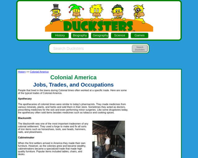 Screenshot of the Colonial America Jobs, Trades, and Occupations website