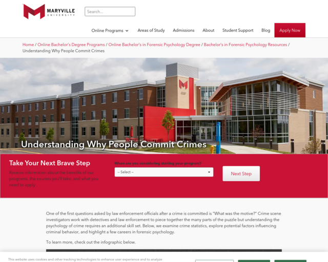 Screenshot of the Maryville University: Understanding Why People Commit Crimes website