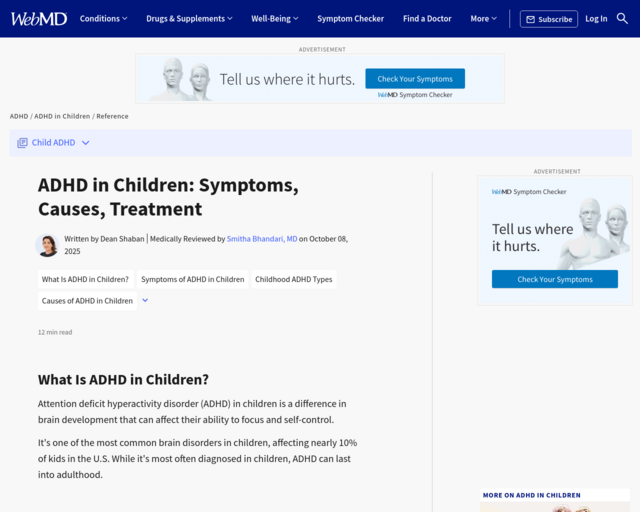 Screenshot of the ADHD in Children: Symptoms, Types and Tests for ADD in Children website