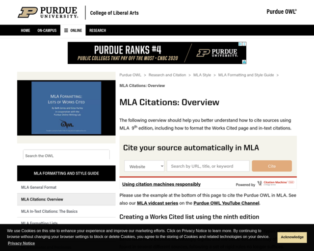 Screenshot of the MLA Formatting Guide website