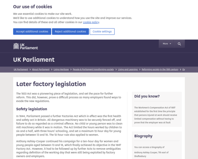 Screenshot of the Later factory legislation website