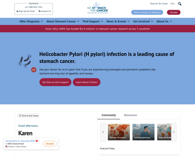 Screenshot of the No Stomach for Cancer website