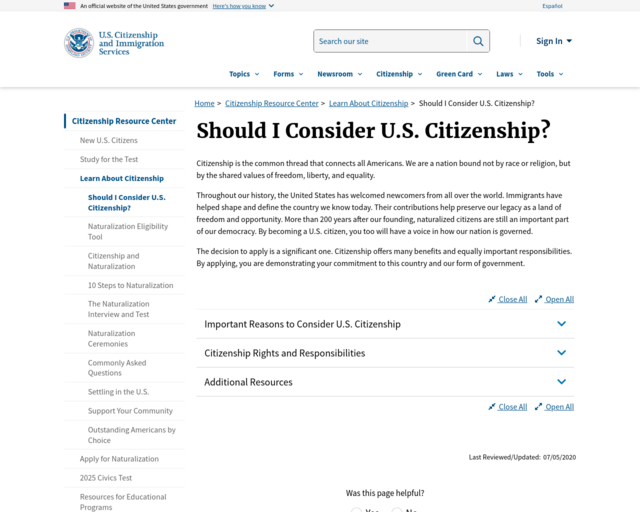 Screenshot of the US Citizenship and Immigration Services - Should I Consider US Citizenship? website