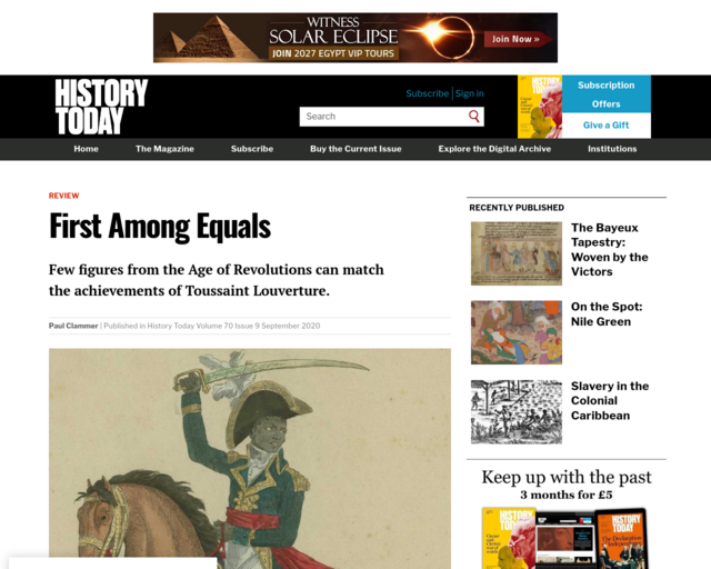 Screenshot of the First Among Equals:  Few figures from the Age of Revolutions can match the achievements of Toussaint Louverture website