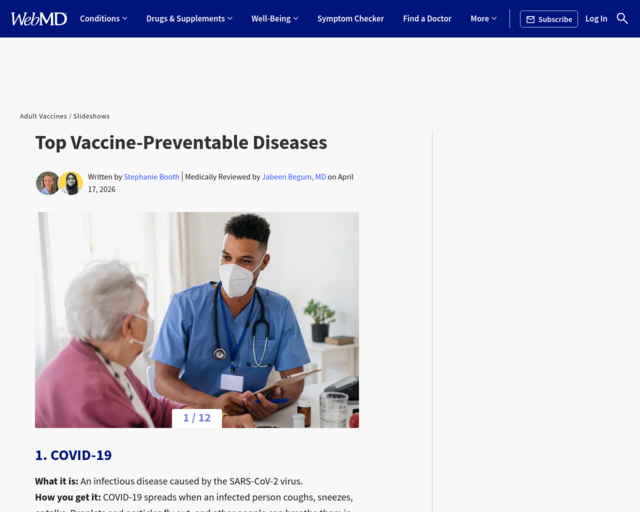 Screenshot of the Top 10 Vaccine-Preventable Diseases website