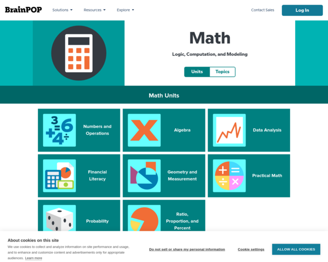 Screenshot of the Brain Pop: Math website