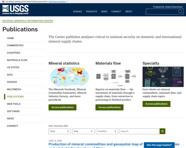 Screenshot of the Minerals in Safety Applications website
