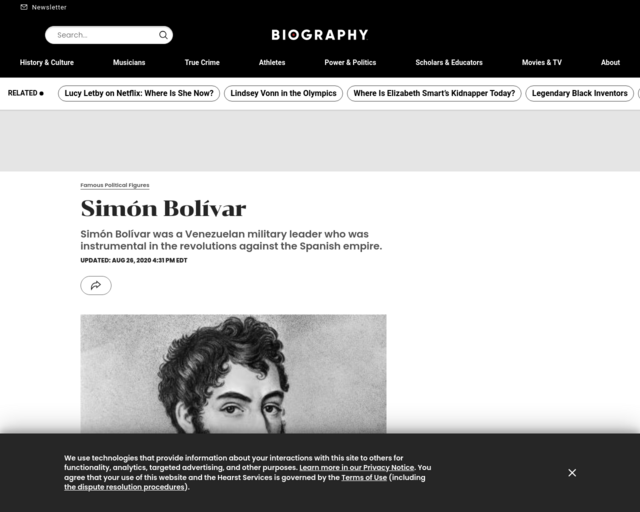 Screenshot of the Simón Bolívar website