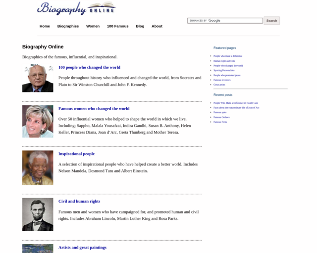 Screenshot of the BiographyOnline website