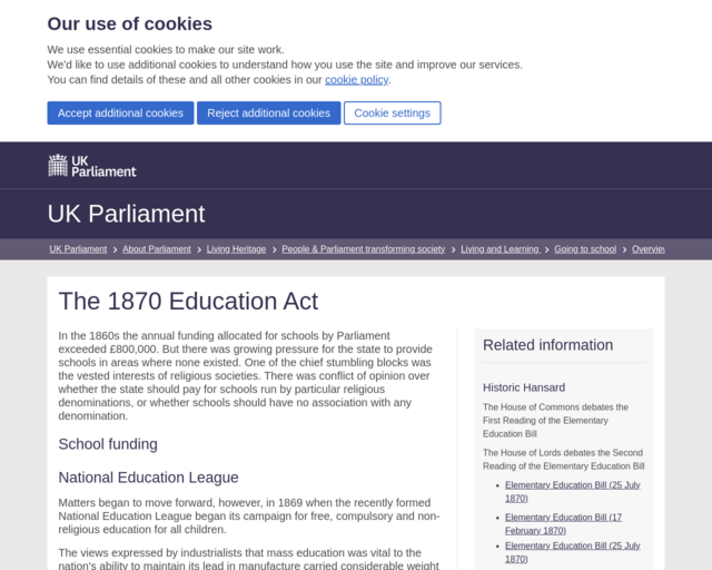 Screenshot of the The 1870 Education Act website