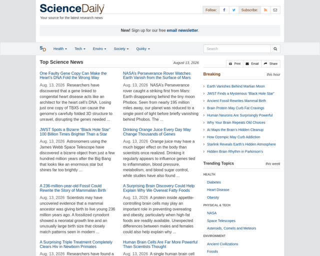 Screenshot of the ScienceDaily.com website