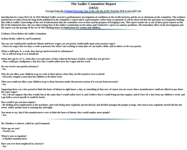 Screenshot of the The Sadler Committee Report (1832) website