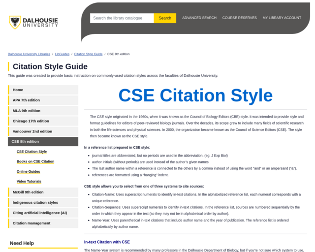Screenshot of the CSE Quick overview of In-Text Citations and End References website